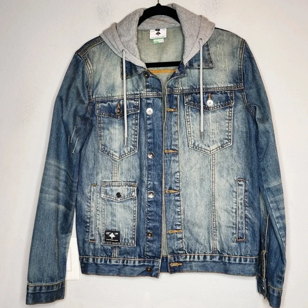LRG Lifted Research Group Denim Distressed Hooded‎ Jacket.  Men's size small.
